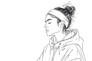 Minimalist Line Drawing of Person in Fleece Jacket and Headband on White Background