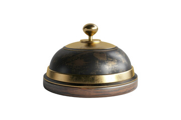A vintage bell with a polished brass top and wooden base, perfect for service or notification in hospitality settings. isolated on a white background, transparent background.
