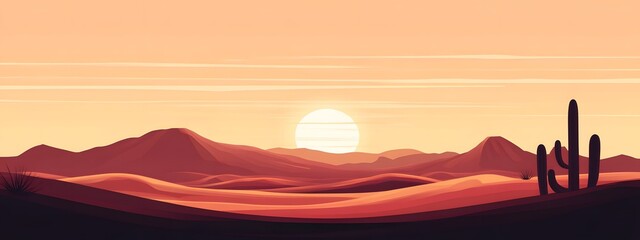 Fototapeta premium A flat illustration of the desert, featuring a gradient background with a large sun in the upper left corner and sand dunes in shades of orange and brown