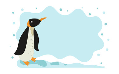 Banner, postcard cute penguin. Cartoon animal of Antarctica, polar bird. World Penguin Day. Place for text. Background with snowflakes, snow.