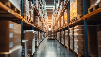 Close-up of a logistics warehouse with stacks of inventory on pallets, highlighting the orderly arrangement and efficient storage of goods.