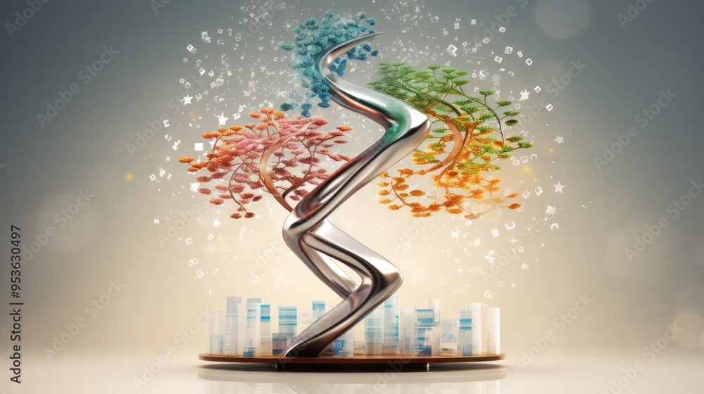 Poster a dna helix morphing into a tree of knowledge, its branches laden with symbols representing various 