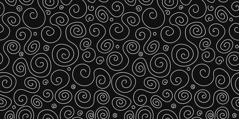 Abstract black white background, continuous backdrop. Shapes, spiral, circle. Seamless pattern, vector texture.