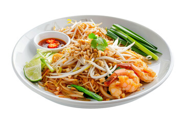 Delicious plate of shrimp pad thai garnished with lime, peanuts, and bean sprouts, showcasing vibrant flavors and colors. isolated on a white background, transparent background.