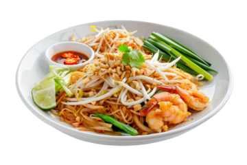 Delicious plate of shrimp pad thai garnished with lime, peanuts, and bean sprouts, showcasing vibrant flavors and colors. isolated on a white background, transparent background.