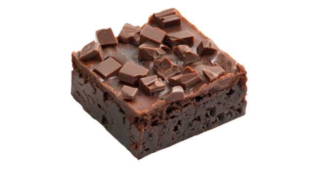 Delicious chocolate brownie topped with rich chocolate chunks, perfect for dessert lovers seeking indulgence. isolated on a white background, transparent background.