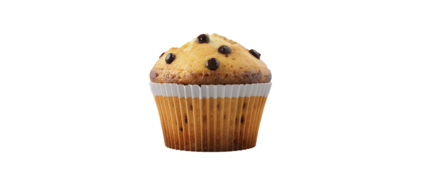Delicious chocolate chip muffin with a golden brown top and white paper liner, perfect for dessert or a sweet snack. isolated on a white background, transparent background. - Powered by Adobe