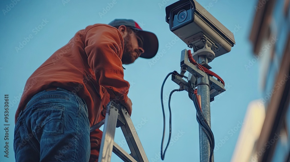 Poster close-up of a man installing a cctv camera while standing on a stepladder, emphasizing the precision