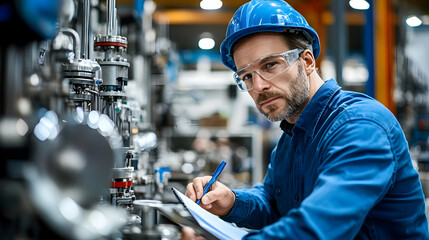 A factory worker in a blue hardhat and safety glasses inspects a piece of machinery in a manufacturing plant.