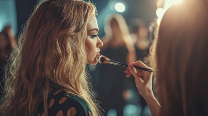 Makeup Artist Applying Foundation to Model Backstage at Fashion Show Closeup Beauty Industry Glamorous Look