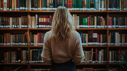 Woman Standing in Library Browsing Bookshelves Back View Education Learning Knowledge Student Quiet Study Space