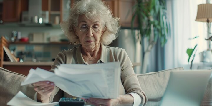 Elderly Woman Looking Through Papers at Home
