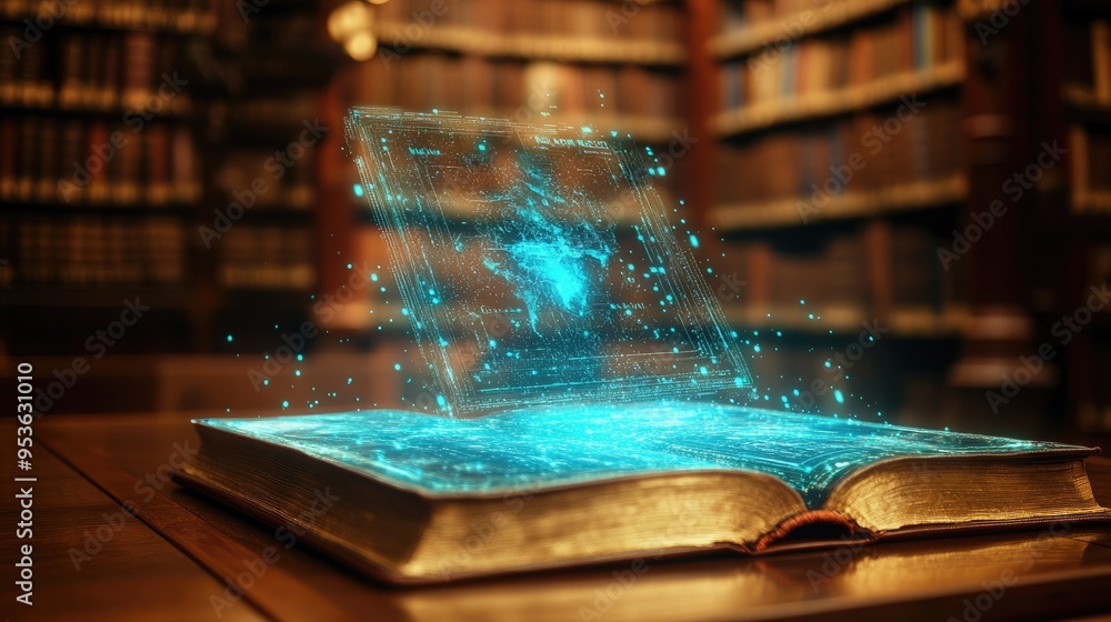 Poster a book in a library projecting a holographic display of interactive content, showcasing modern educa