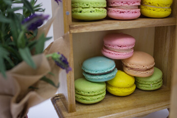 Vibrant Macarons Displayed with Fresh Lavender Blooms