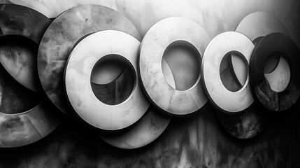 Monochromatic abstract art composition of concentric circular concrete shapes of varying sizes, creating a sense of depth and texture. Overlapping rings showcase a sleek industrial design.