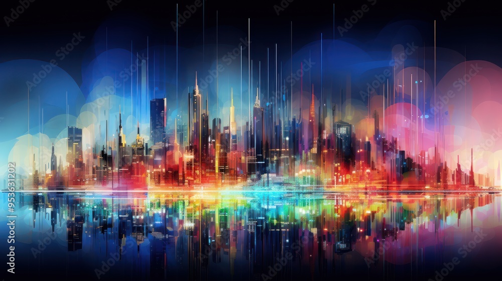 Poster a futuristic city skyline composed of towering skyscrapers made from interconnected data streams, il