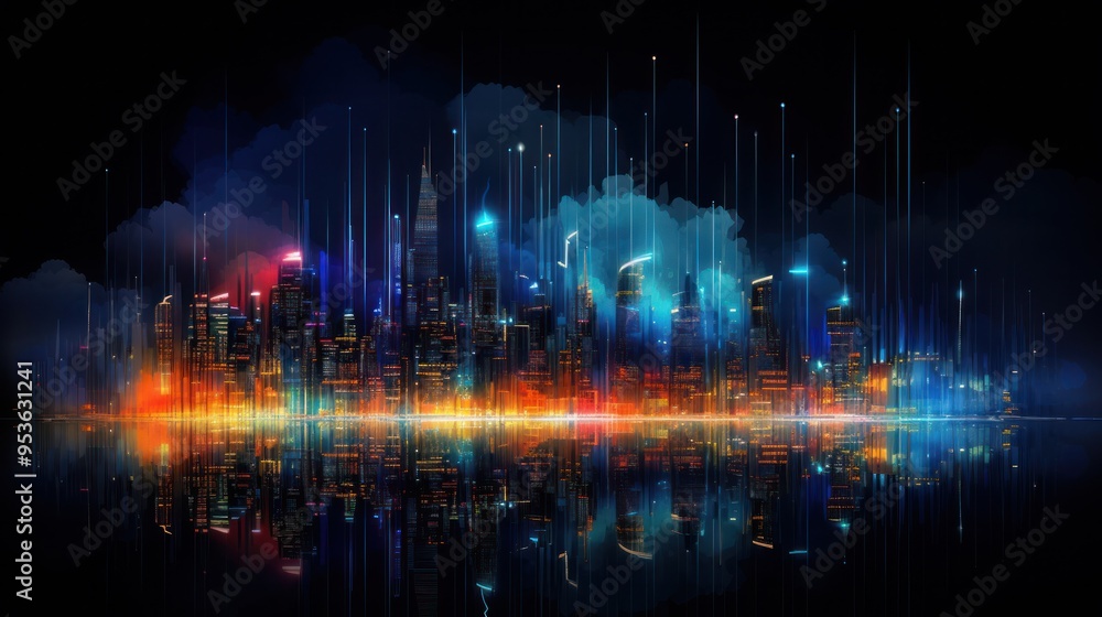 Poster a futuristic city skyline composed of towering skyscrapers made from interconnected data streams, il