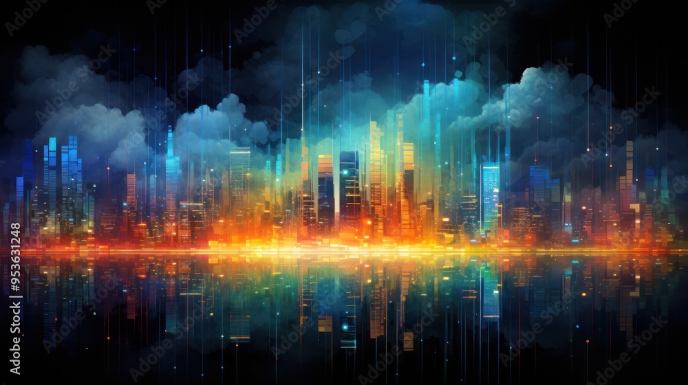 Poster a futuristic city skyline composed of towering skyscrapers made from interconnected data streams, il
