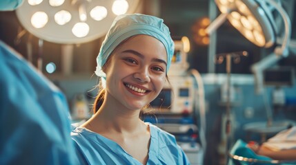 Portrait of a professional female surgeon, surgical assistant, nurse, or sugical room staff looking at a camera with confidence with background of operation ward at a hospital