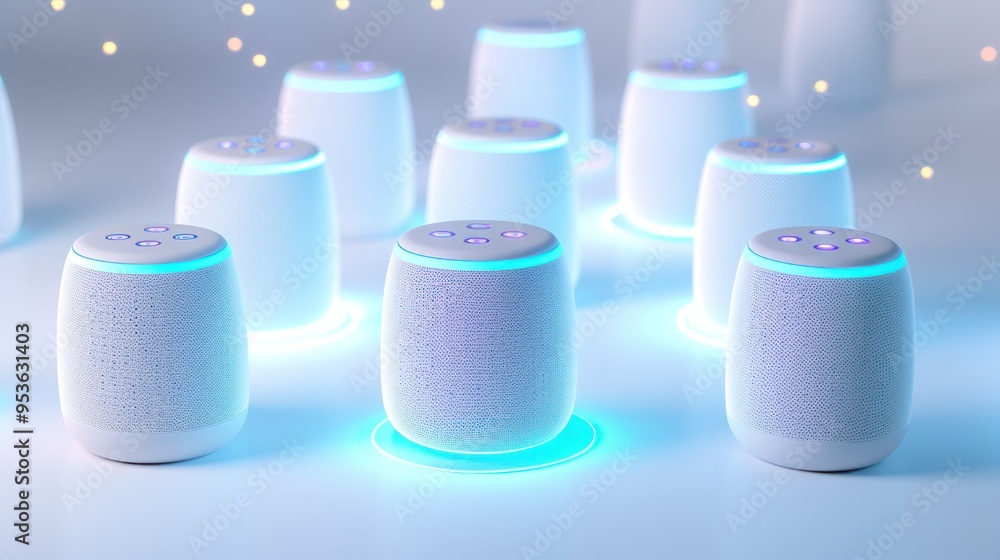 Aufkleber a futuristic digital network of interconnected smart speakers seamlessly managing the flow of inform