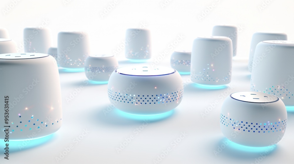 Aufkleber a futuristic digital network of interconnected smart speakers seamlessly managing the flow of inform
