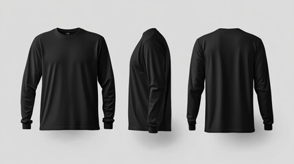 Blank black long sleeve t-shirt mockup, front and back side views