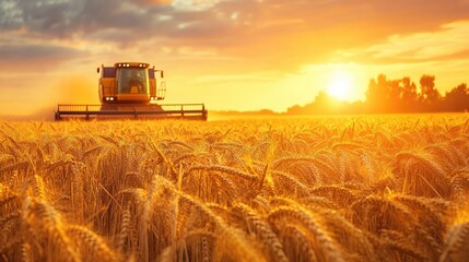 Fototapeta premium A combine harvester working in a golden wheat field at sunset, capturing the essence of the agricultural harvest season.