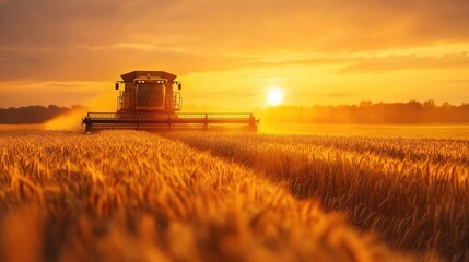 A combine harvester working in a golden wheat field at sunset, capturing the essence of the agricultural harvest season.