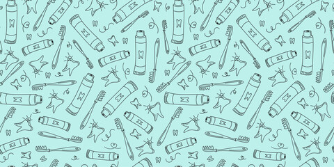 Pattern, dental icons. Toothbrush, toothpaste, teeth. Cleaning and dental care. Healthy clean tooth. Drawings, Doodle. Seamless background.