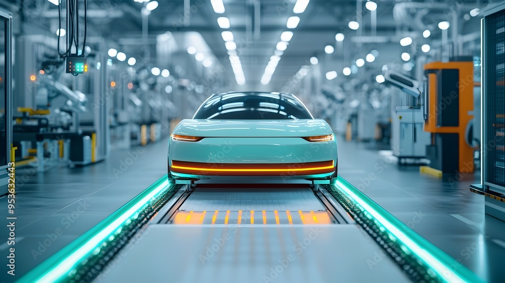 Poster cutting-edge electric vehicle factory with futuristic automation and robotics