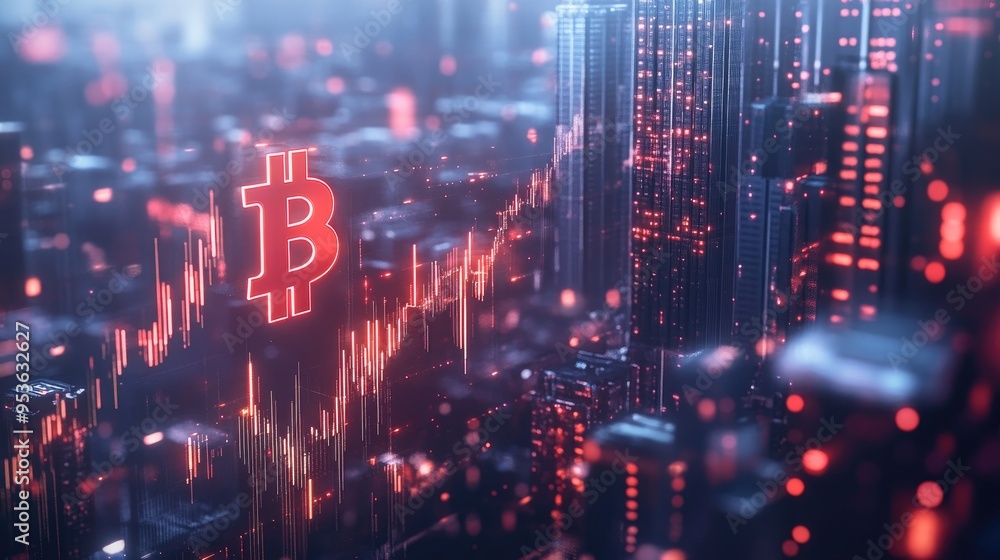 Poster a digital graph showing bitcoin's fluctuating market value, overlaid with blockchain nodes and a fut