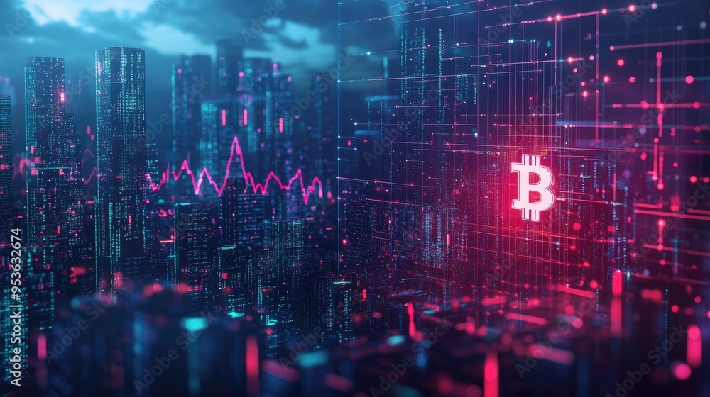 Poster a digital graph showing bitcoin's fluctuating market value, overlaid with blockchain nodes and a fut