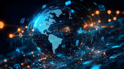 Fototapeta premium Globalization: A globe surrounded by currency symbols and digital connections, representing the effects of globalization on the economy. Stock photo style