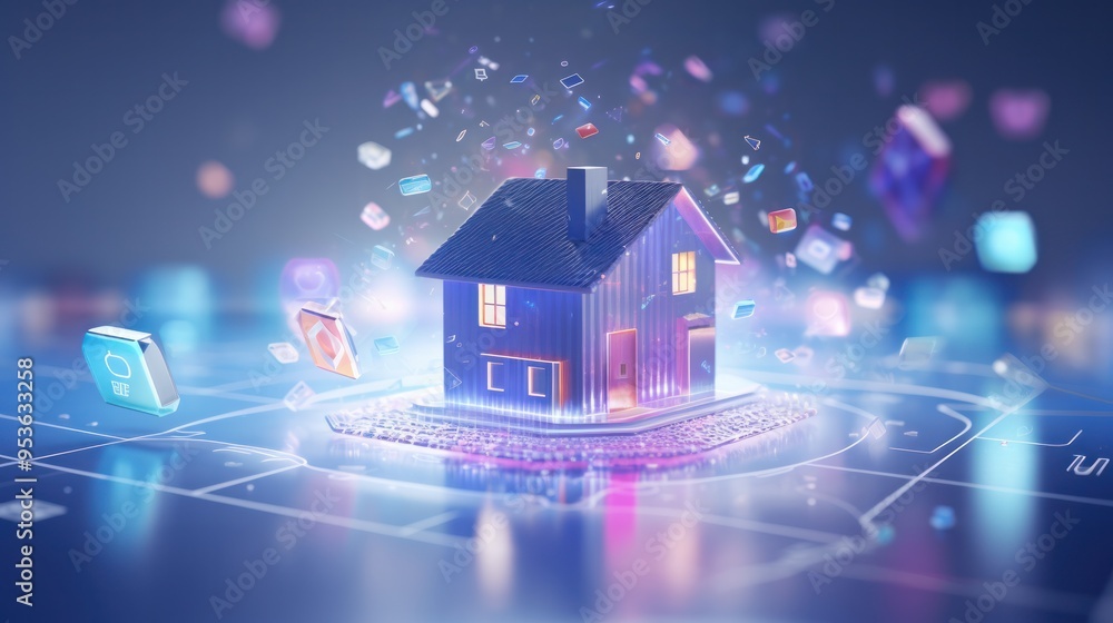 Poster a holographic home chip floating amidst a collection of floating holographic data and icons, represe
