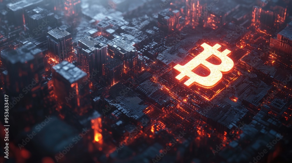 Poster a futuristic digital landscape with a glowing bitcoin symbol overlaid on a complex blockchain networ