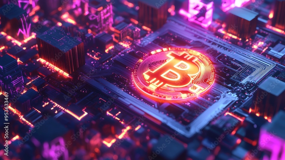 Poster a futuristic digital landscape with a glowing bitcoin symbol overlaid on a complex blockchain networ