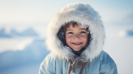 Attractive smiling eskimo kid with fur hood and warm clothes in winter scenery. Neural network ai generated art
