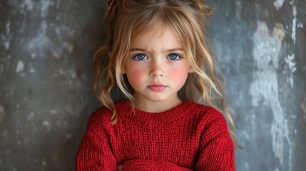 Angry Little Girl in Red Sweater Standing Against Gray Wall with Arms Folded, Looking at Camera, High-Resolution Stock Photo

