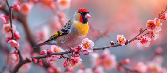 A Bird Perched on a Branch of Pink Blossoms
