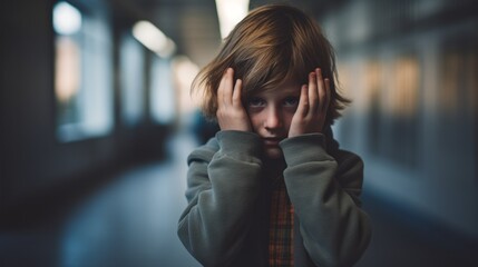 School kid crying in high school corridor hall. Neural network ai generated art