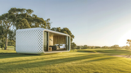 Modern prefabricated tiny house with open walls in green landscape