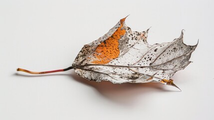 A macro shot of a maple leaf decaying gracefully, its edges frayed and colors muted, yet still exuding a sense of beauty and transience