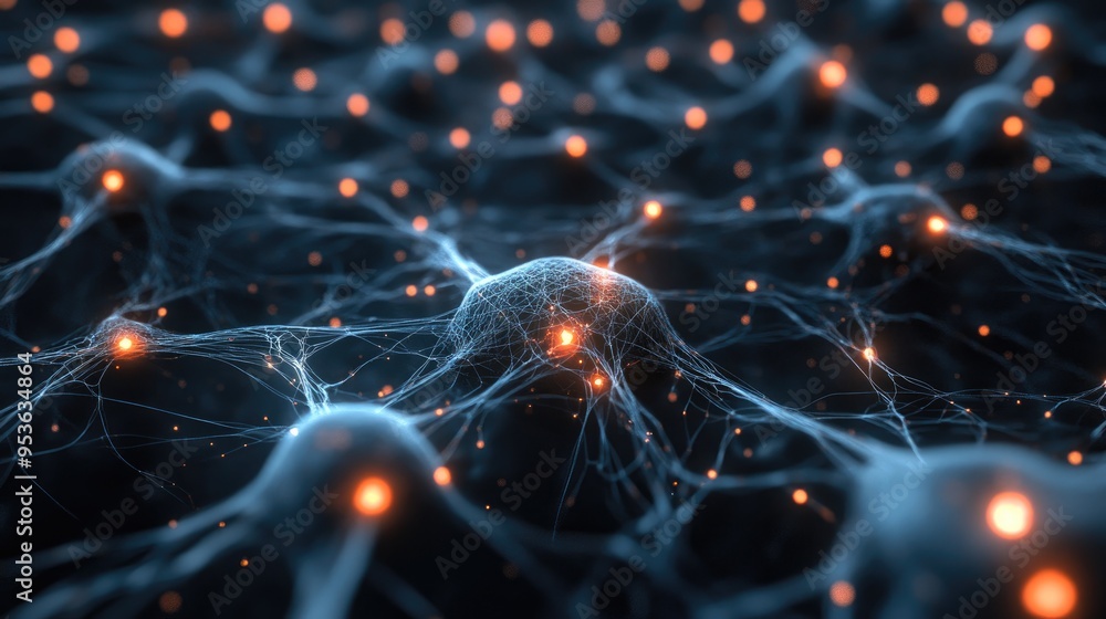 Poster a neural network visualization with glowing nodes and connections, symbolizing ai, machine learning,