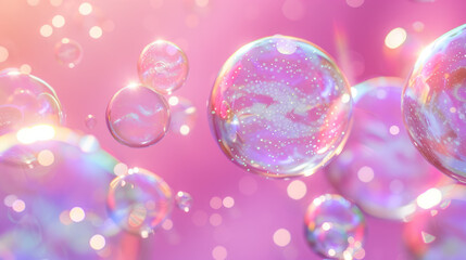 Rainbow soap bubbles floating on a pink background