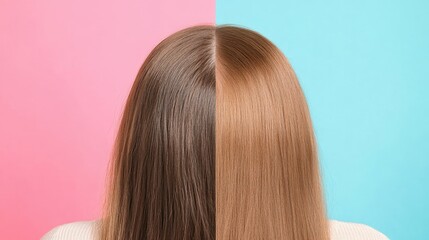 Naklejka premium Collage with colorful backgrounds showing a woman scalp before and after dandruff treatment. Focus on significant flake reduction and improved hair condition.