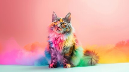 A majestic rainbow-colored cat with piercing eyes