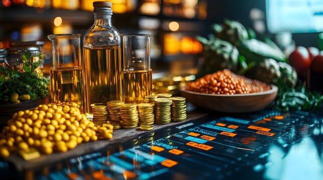Commodity Prices: A chart with icons of oil, gold, and food commodities, showing the fluctuation of global commodity prices.