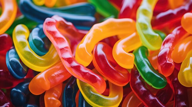 A medley of gummy worms, their wiggly forms and enticing colors bursting with life against a crisp white backdrop, reminiscent of a childhood candy store