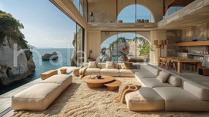Obraz premium Elegant villa living room with a stunning view of the ocean and cliffs, minimalist design with luxurious touches, floor-to-ceiling windows, natural light flooding the space, Canon EOS R5, 24mm lens, w