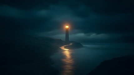 Ominous Lighthouse Beacon Piercing Through Stormy Seascape